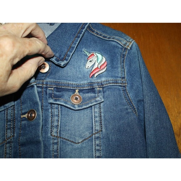 Wonder Nation Girl's Denim Jean Jacket Sz 7/8 Med Embroidery Unicorn Rainbow - Picture 5 of 10